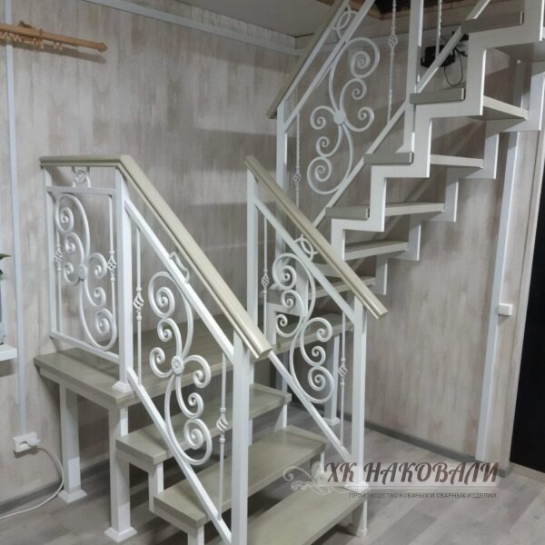 Современные кованые перила для лестницы на металлокаркасе в белом цвете, фото 1